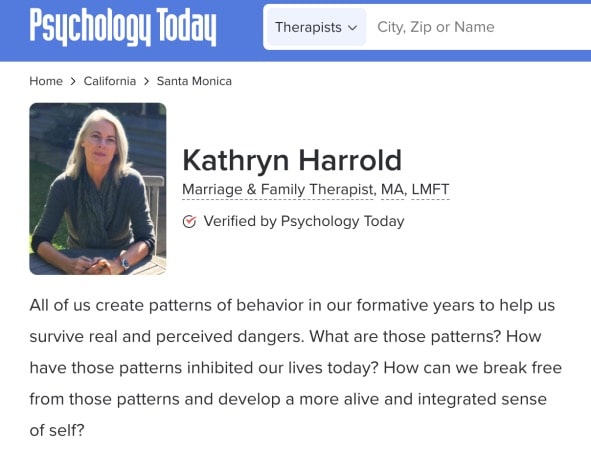 Kathryn Harrod's self information as a psychological counselor posted on the website