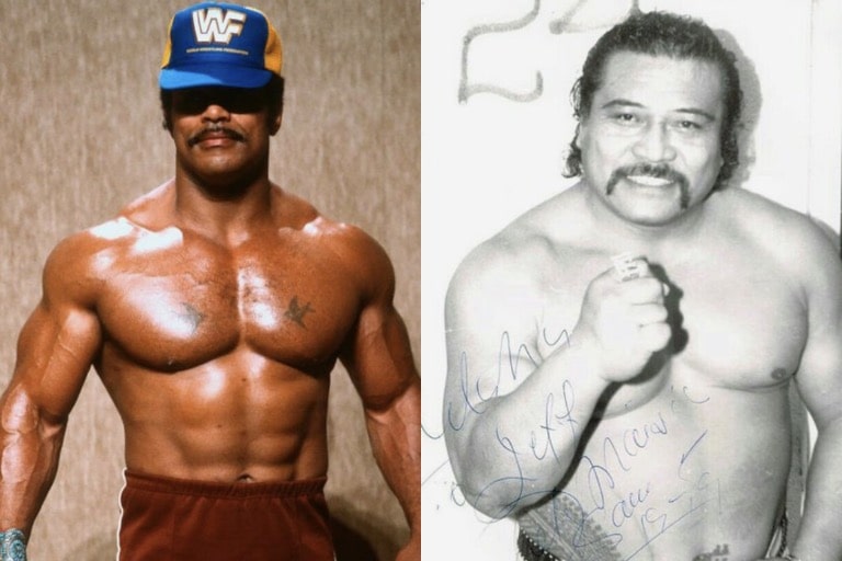 On the left is Dwayne Johnson's father Rocky Johnson, and on the right is Dwayne Johnson's maternal grandfather Peter Maivia